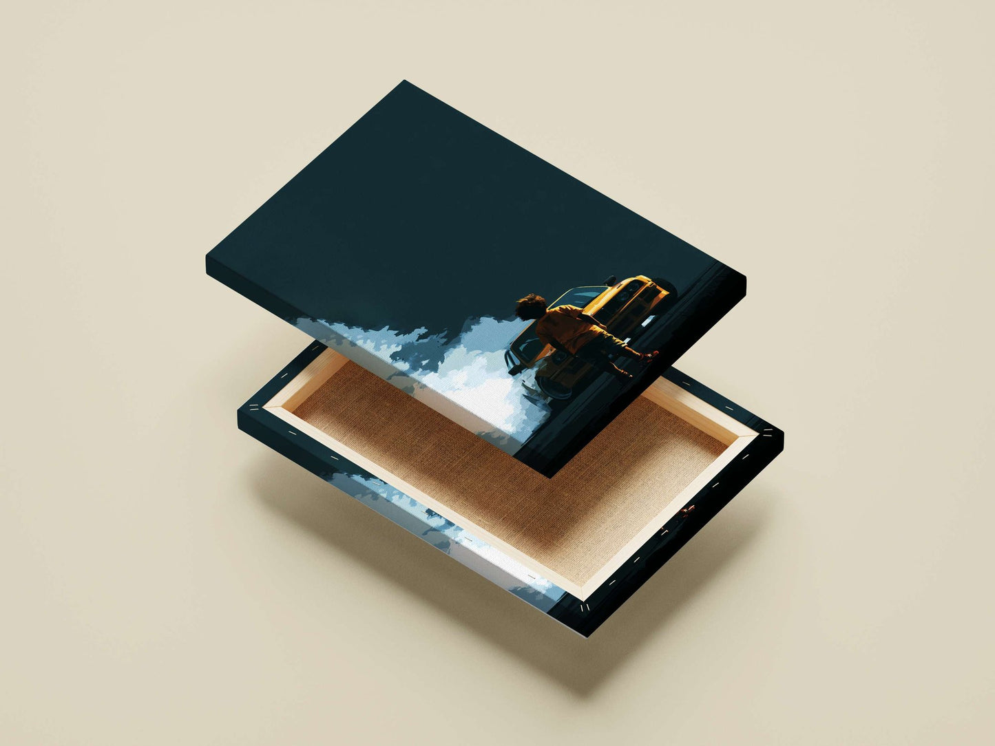 A yellow BMW 3 Series (E21) and a child Main Subject: A yellow BMW 3 Series (E21) and a child Canvas wall art — Cars wall