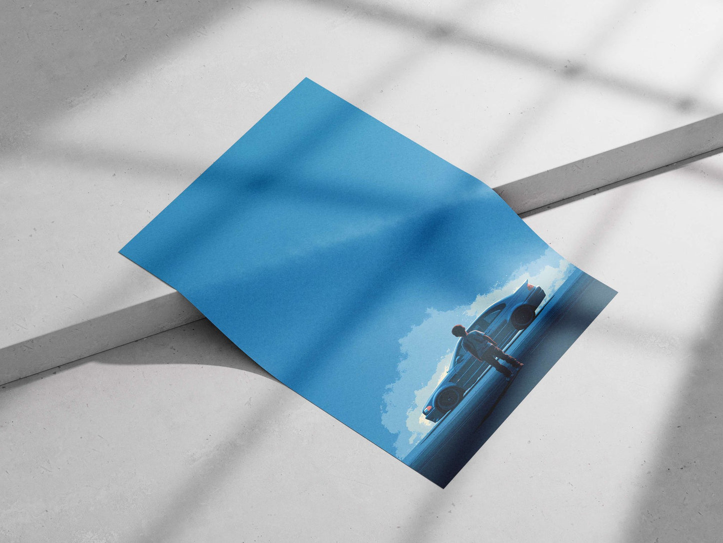 Boy observing a Toyota Supra (1990s model) Main Subject: Boy observing a Toyota Supra (1990s model) Matte poster print —