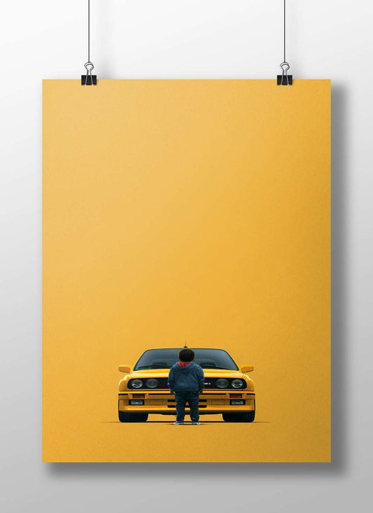 yellow Mitsubishi Lancer Evolution and a child Main Subject: yellow Mitsubishi Lancer Evolution and a child Matte BoizzBoard