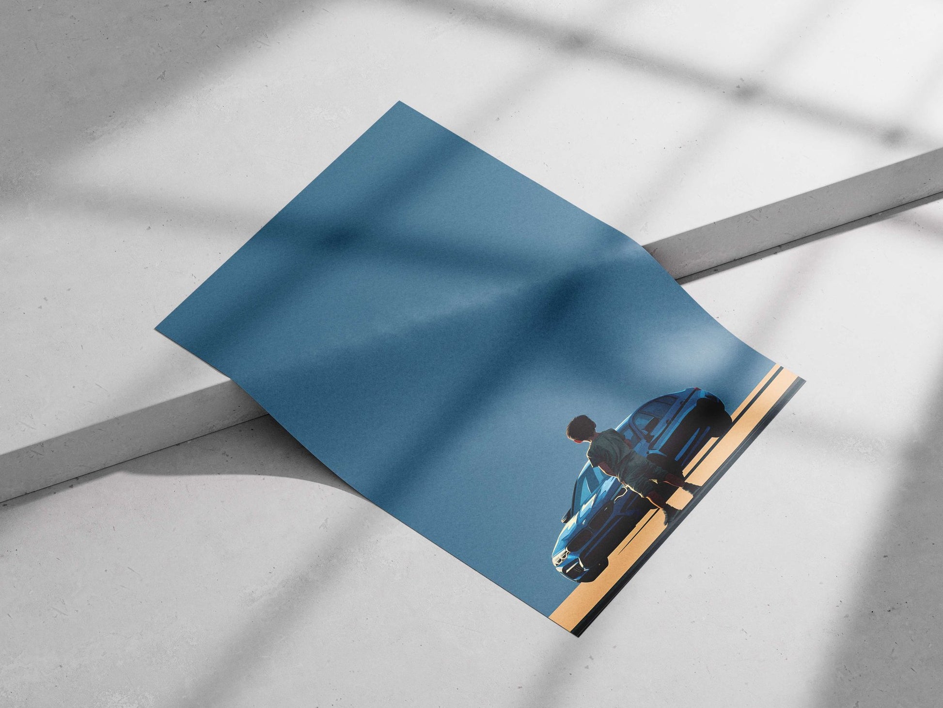 A boy and a BMW 5 Series car Main Subject: A boy and a BMW 5 Series car Matte poster print — Cars wall art India |