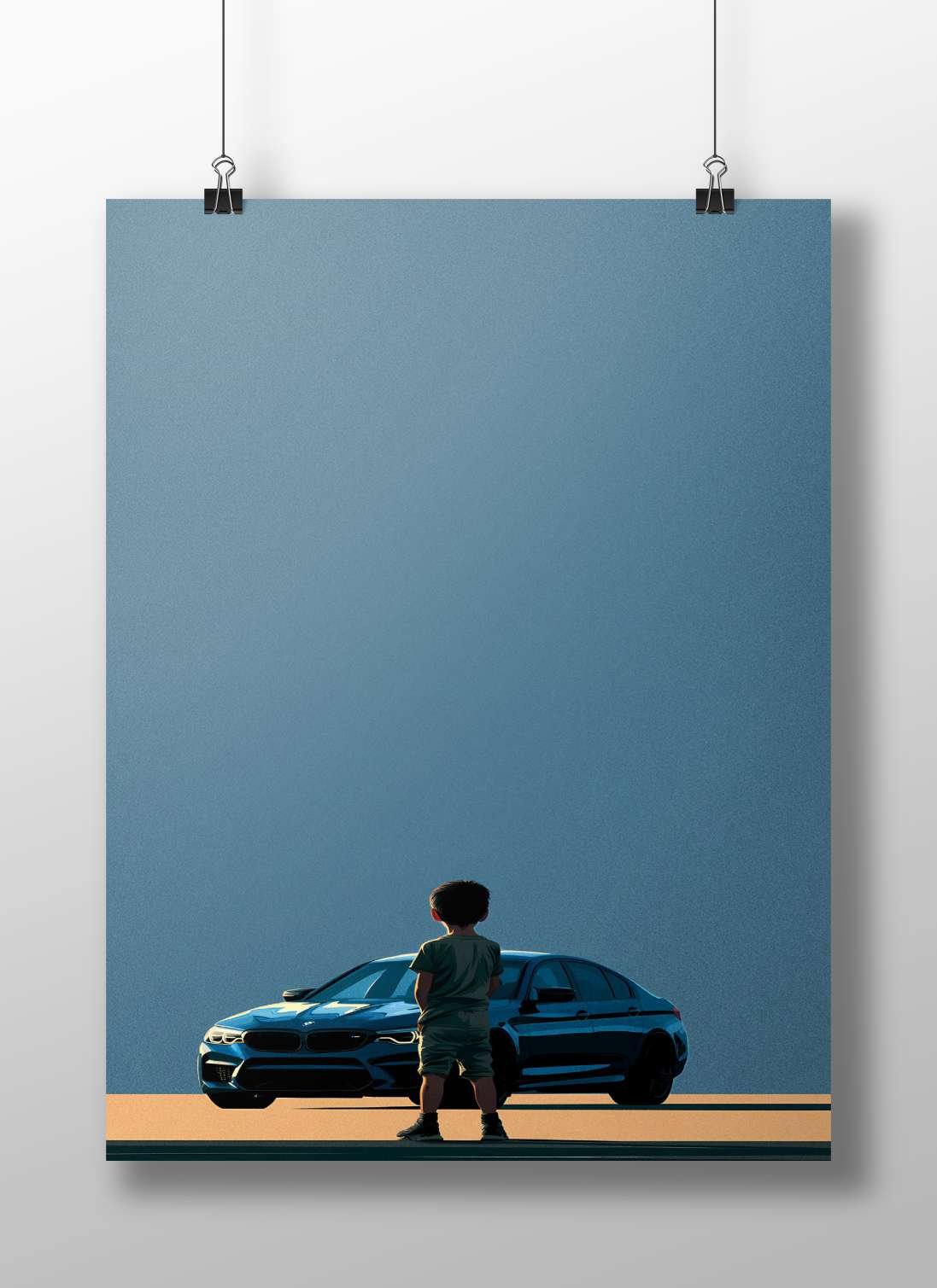 A boy and a BMW 5 Series car Main Subject: A boy and a BMW 5 Series car Matte BoizzBoard rigid print — Cars wall art India |