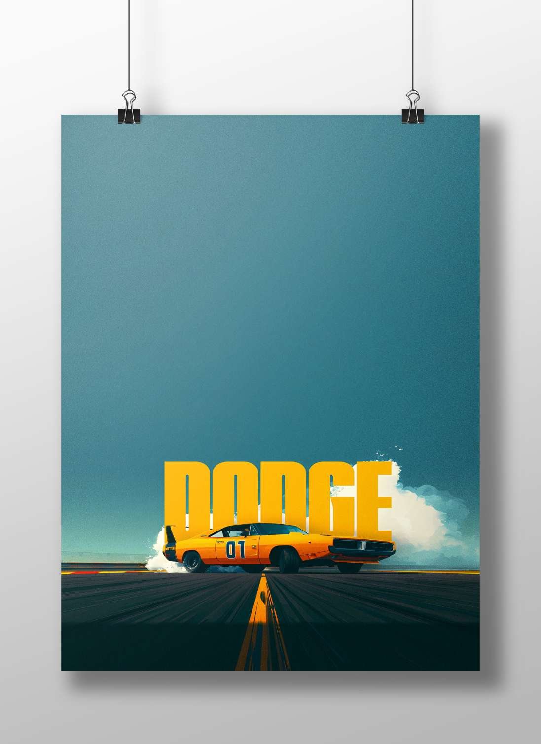 Dodge Challenger (specifically a vintage yellow model with "01" marking) Main Subject: Dodge Challenger (specifically a